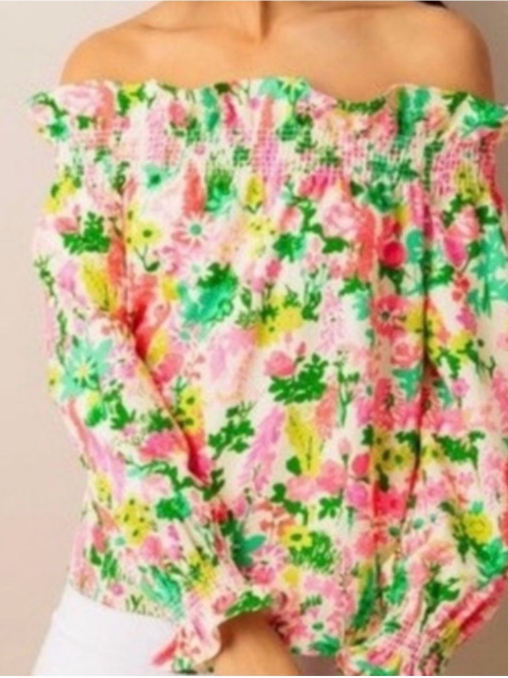 Tuckernuck Marguerite Floral Smocked Off-Shoulder Blouse - Pink & Green